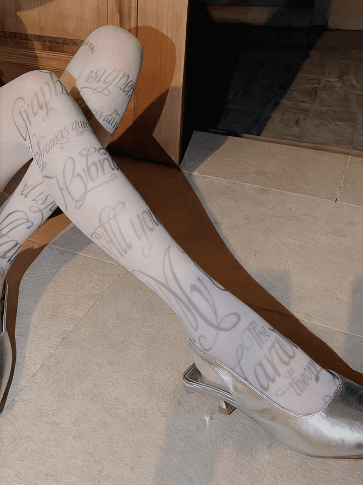 White/Nude Semi-sheer Pantyhose Print Letter