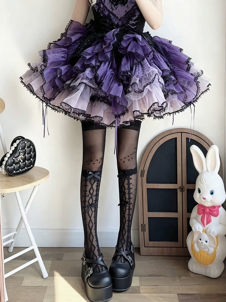 Bow-Accented Sheer Polka-Dot Lolita Over-The-Knee Stockings, Black & White - Milkcat Studio
