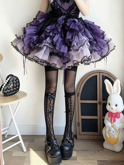 Bow-Accented Sheer Polka-Dot Lolita Over-The-Knee Stockings, Black & White - Milkcat Studio
