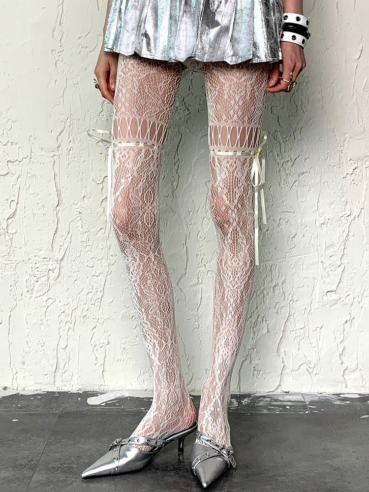 Trägerstrumpfhose Y2K Design Selbstbinden Hohl-Out Weiß