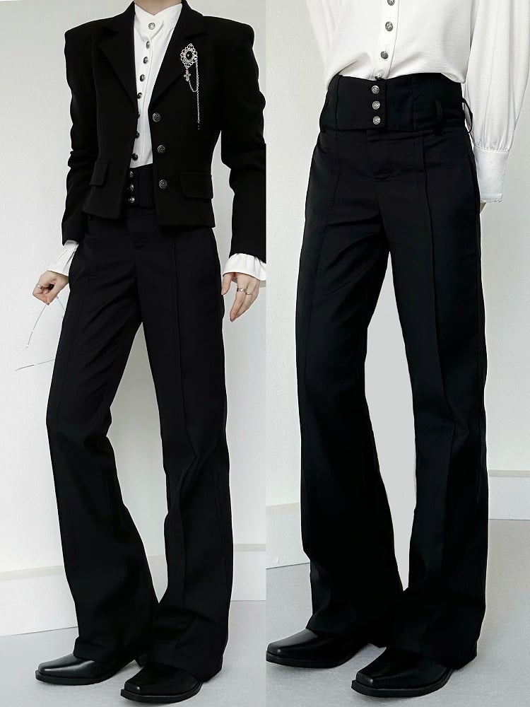 Waistband Straight-Leg Flare with Black High-Waisted Ouji Pants Vertical Lolita Buttoned