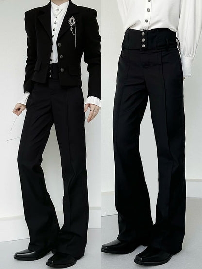 Waistband Straight-Leg Flare with Black High-Waisted Ouji Pants Vertical Lolita Buttoned