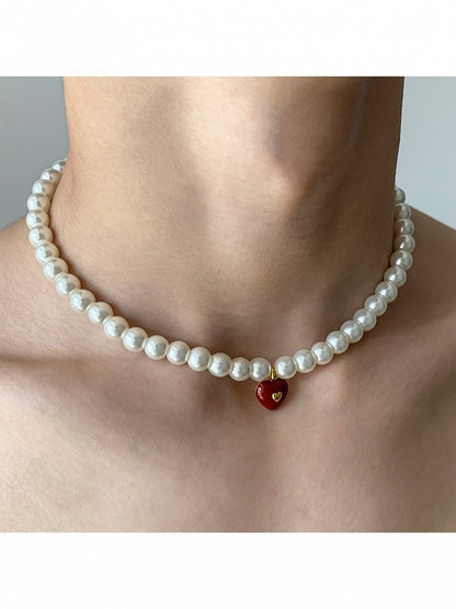 Red Heart Pendant Necklace with White Pearls - YSHXS