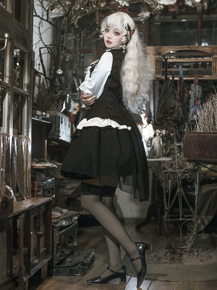Gothic Ensemble: White & Black Lolita Shirt, Cross Charm Waistcoat, Spider Web Skirt - Unknown Star