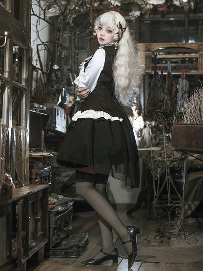 Gothic Ensemble: White & Black Lolita Shirt, Cross Charm Waistcoat, Spider Web Skirt - Unknown Star