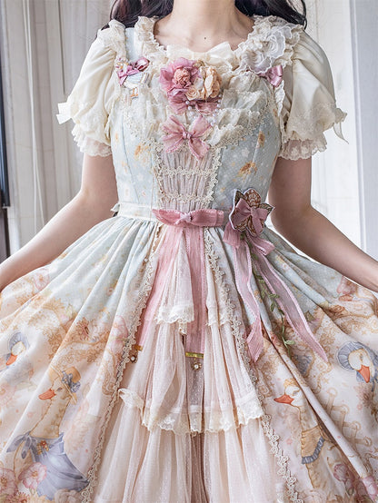 Light Print Jumper Sunflowers Sweet and Skirt Farm Green Lolita Ducks