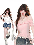 Neckholder-T-Shirt mit asymmetrischem Saum und schmaler Passform, Rosa/Weiß