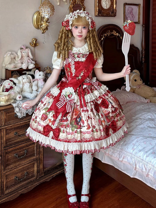 赤とイチゴのプリントドレススカートスイートロリータジャンパーバニー