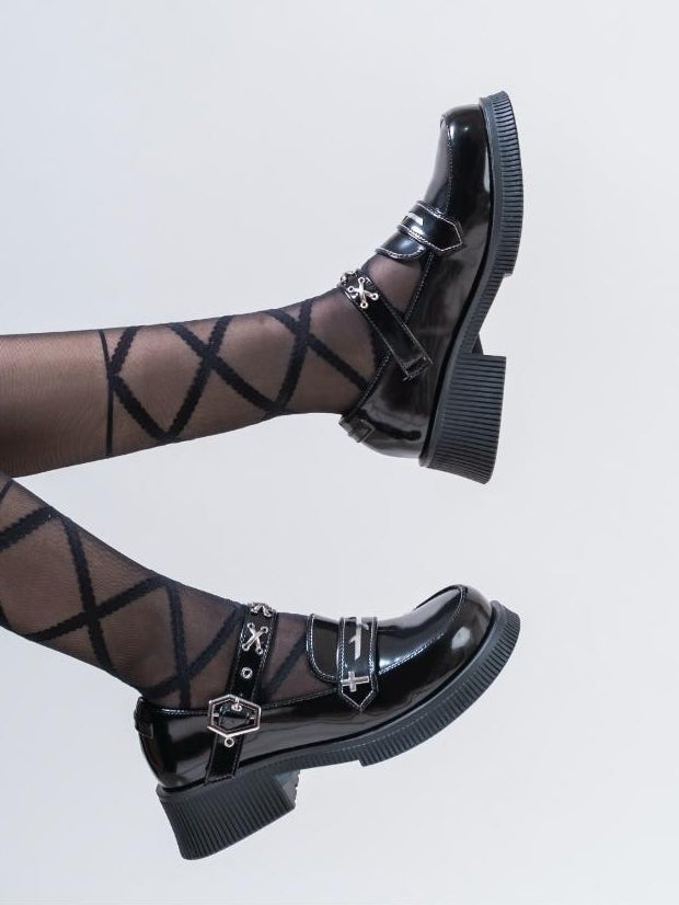 PU Buckle Design Punk Heel Leather Mid Black Shoes Coffin -