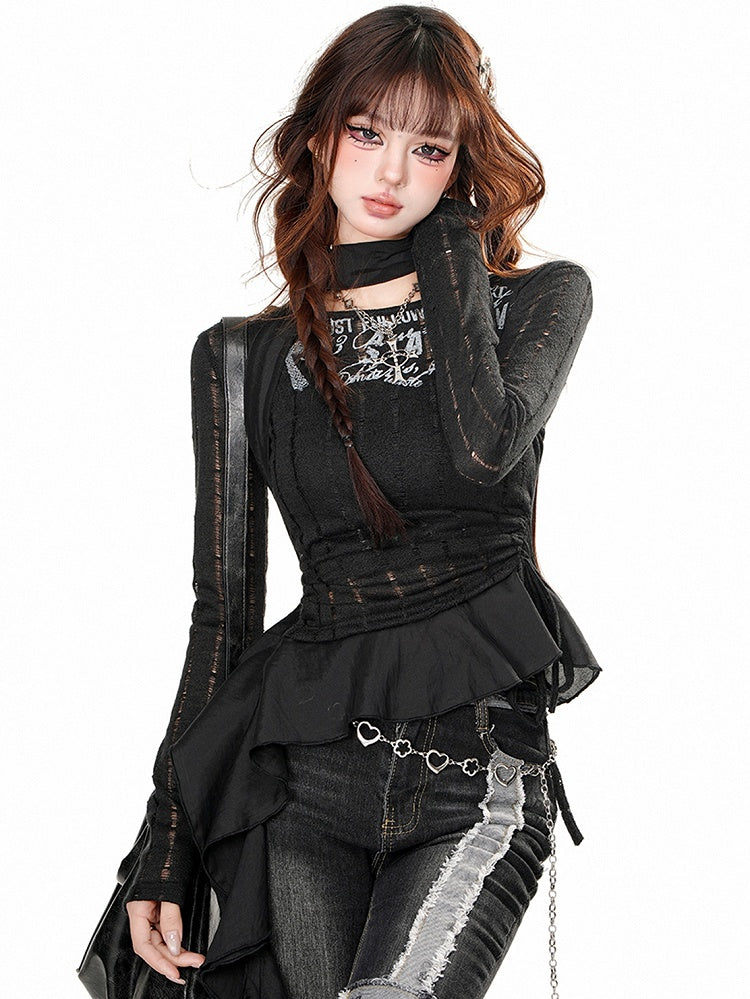 Black/Apricot Drawstring Waist Slim Fit Top with Asymmetrical Ruffle Hem