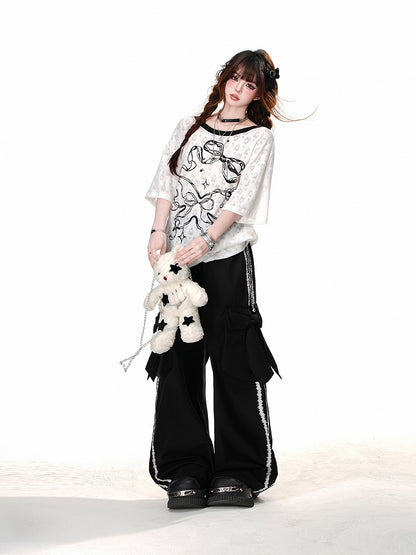 Blue/White Semi-sheer Bowknot Print Backless T-Shirt with Bow