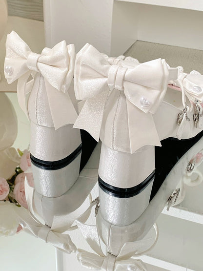 Ankle Straps Sweet Design Heart Dual With Detachable at Buckle Buckles White Crisscross Shoes Bow Top Lolita