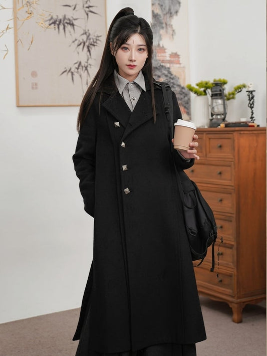 Side Button Style Slits Scarf with Front Set Placket Chinese Unisex - Coat Black