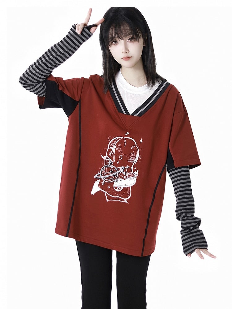 Two-pieces Neck Blue/Red Round Faux Light Graphic T-Shirt