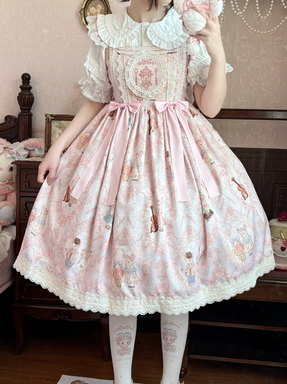 JSK Violin Dress Sweet and Lolita Waist High Bunny Print Pink
