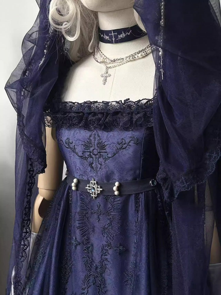 Rot/Weiß/Dunkelblau/Grau Gothic Lolita Kreuz Stickerei Choker