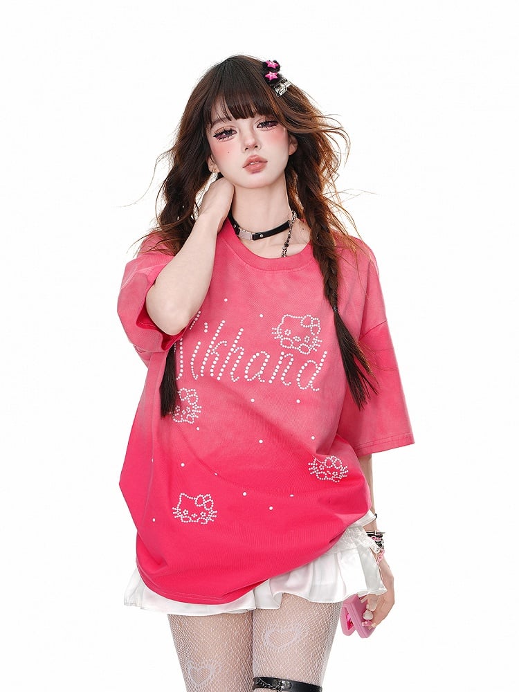 ブルー/ローズレッド ラウンドネック キティ ラインストーン ルーズTシャツ