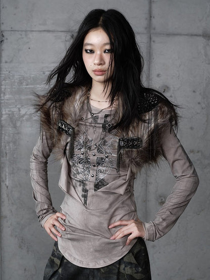 Chain with Brown Accents Vintage Faux Details Studded Vest Fur Punk