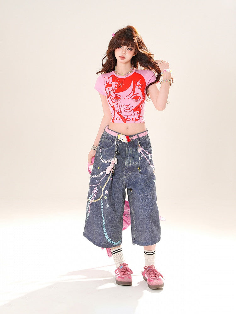 ピンクのラウンドアニメガールプリントクロップドTシャツネック