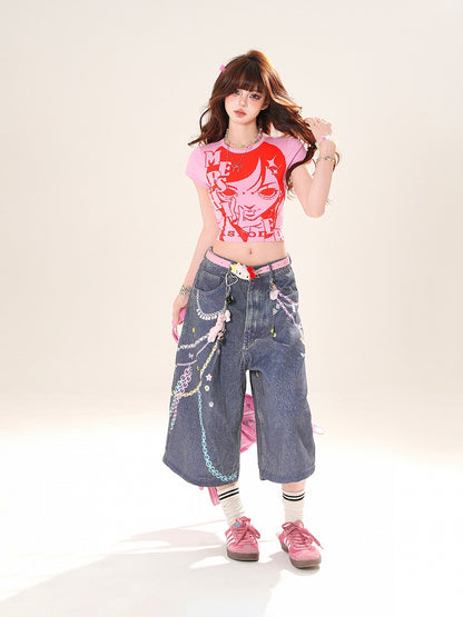 ピンクのラウンドアニメガールプリントクロップドTシャツネック