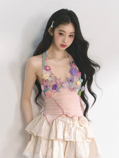 花柄装飾のピンクのレタス裾トップス ニット ホルターネック