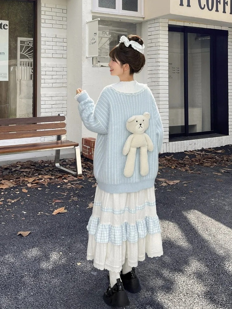 Cute Little Bear Plushie Adorned  Blue Striped Loose Cardigan
