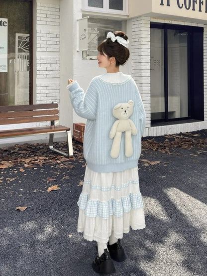 Cute Little Bear Plushie Adorned  Blue Striped Loose Cardigan
