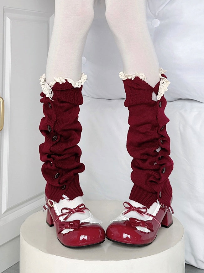 Wine Red Knitted Warmers Design Leg Button Ruffle