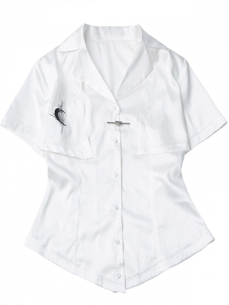 White Fake Two-Piece Herringbone Short Sleeve Shirt - PINK SAVIOR
