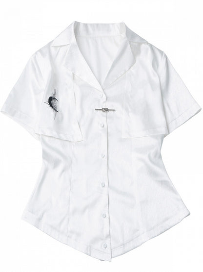 White Fake Two-Piece Herringbone Short Sleeve Shirt - PINK SAVIOR