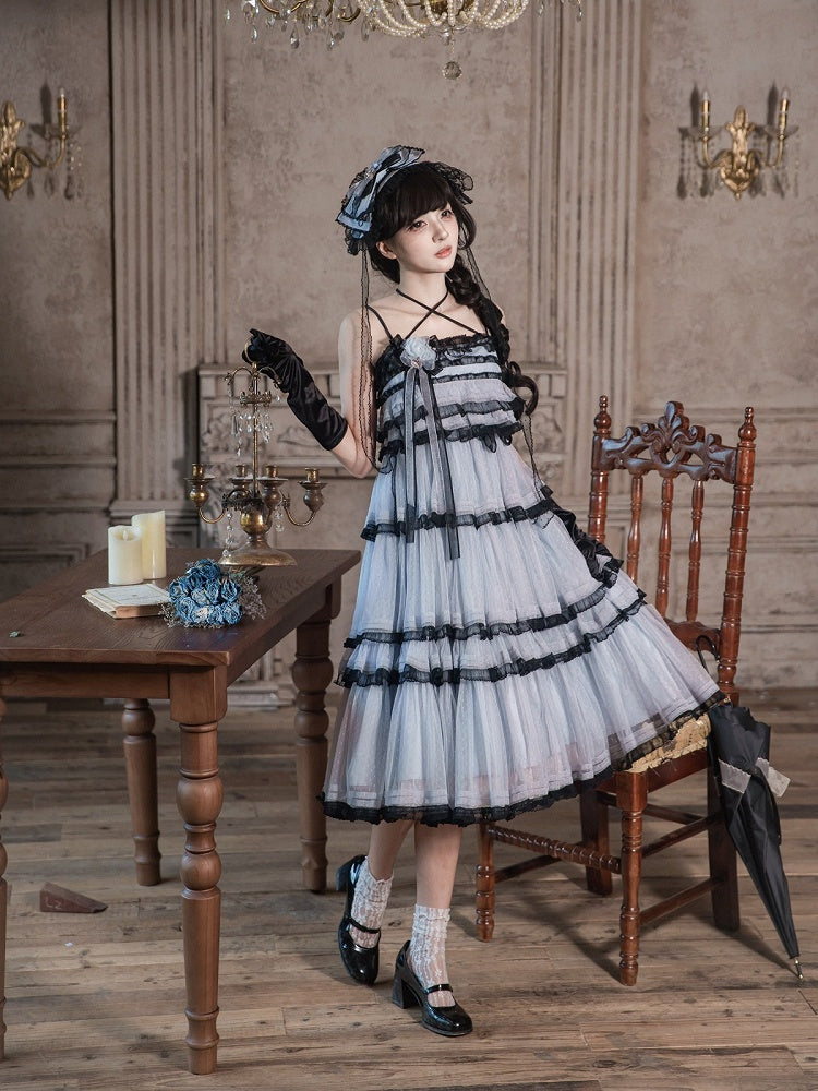 Navy-Black Sweet Lolita JSK with Lace & Layered Skirt - Aisling