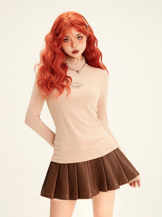 Print Knitted Slim-fitting Top Heart with Minimalist Khaki