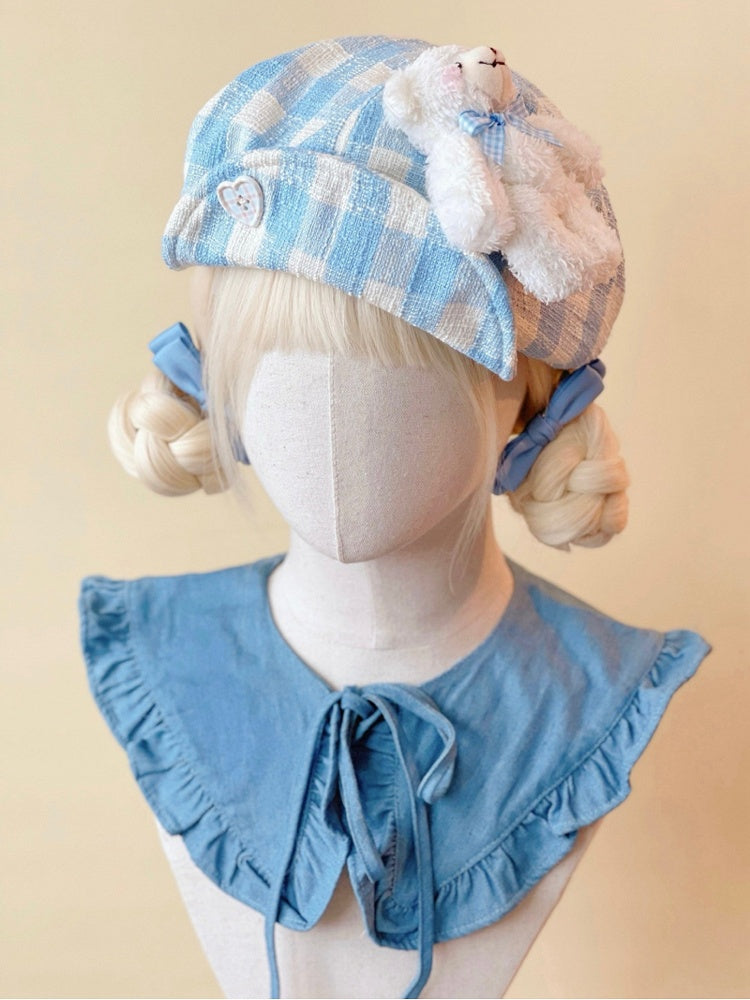 Doll Button Beret Mini Plaid Hat Bear White with Heart-Shaped Blue