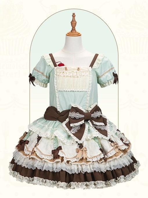 Waist Mint Bowknot Green Chocolate Details Lolita Dropped Layered Dress Sweet Hem