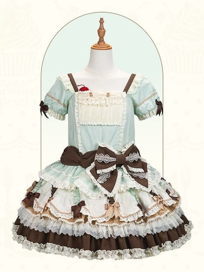 Waist Mint Bowknot Green Chocolate Details Lolita Dropped Layered Dress Sweet Hem