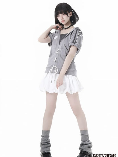 Grey Faux Two-pieces Hooded T-Shirt Lace-up Detail