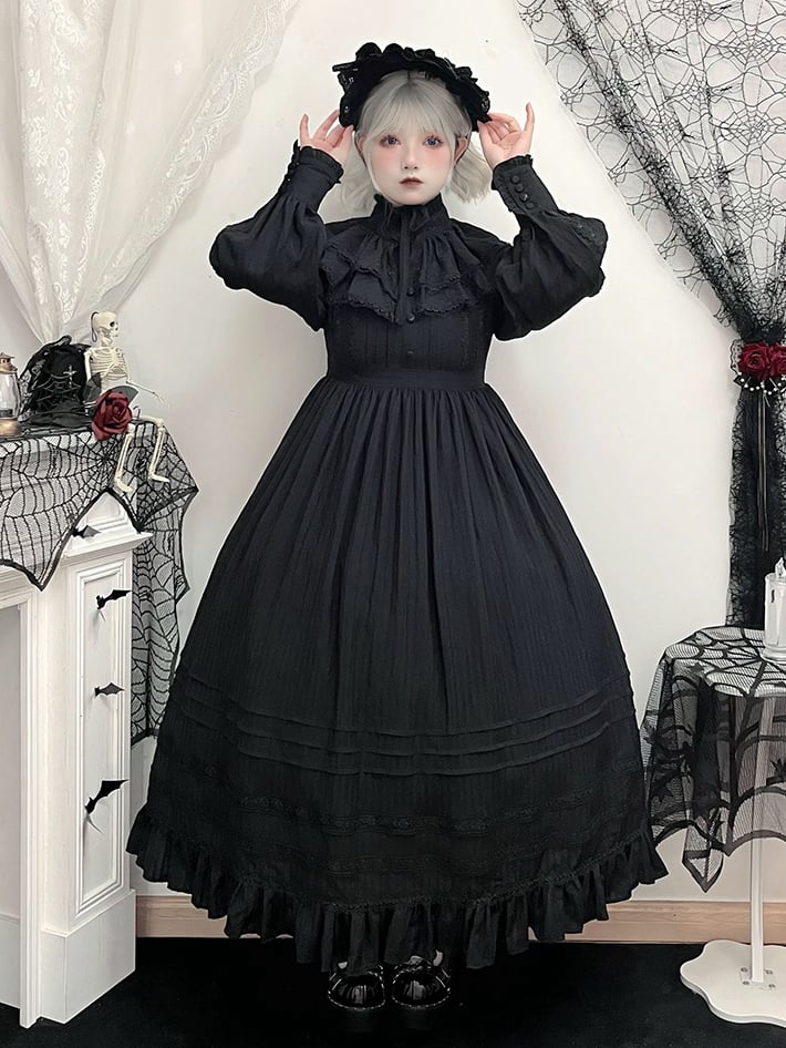 Lolita High Collar Sleeves Gothic Black Dress + Waist Long Kuro