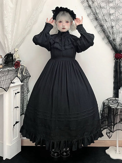 Lolita High Collar Sleeves Gothic Black Dress + Waist Long Kuro
