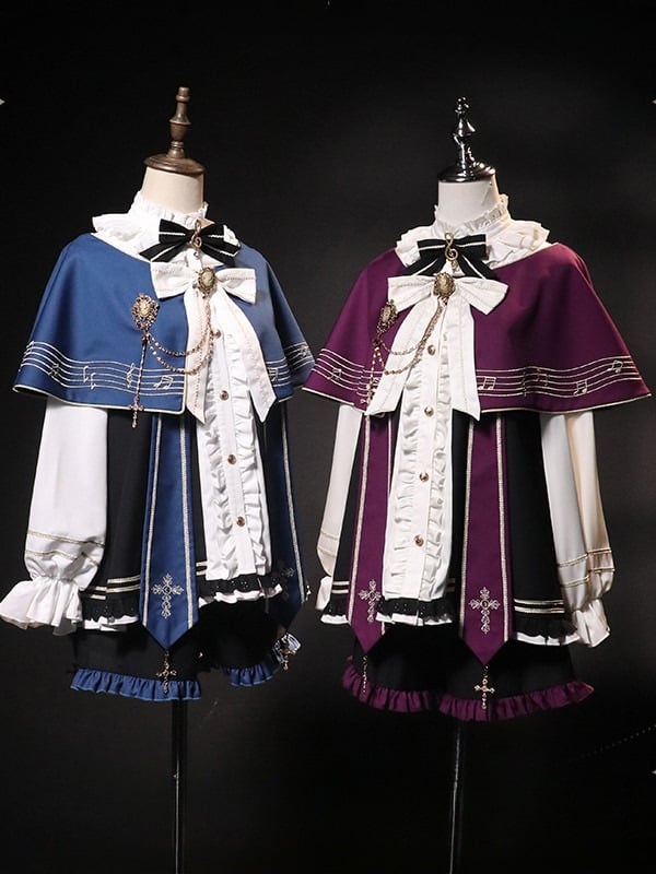 with and Top Set Musical Note Lolita Capelet + White Ouji Embroidered Blue Full Shorts