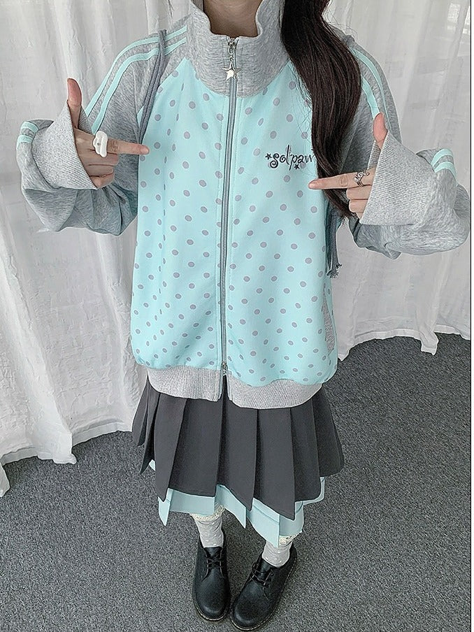 Mint Blue Y2K Polka-Dot Zip-Up Jacket with Stand Collar Design - Solkatt