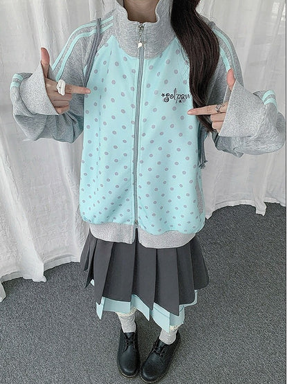 Mint Blue Y2K Polka-Dot Zip-Up Jacket with Stand Collar Design - Solkatt