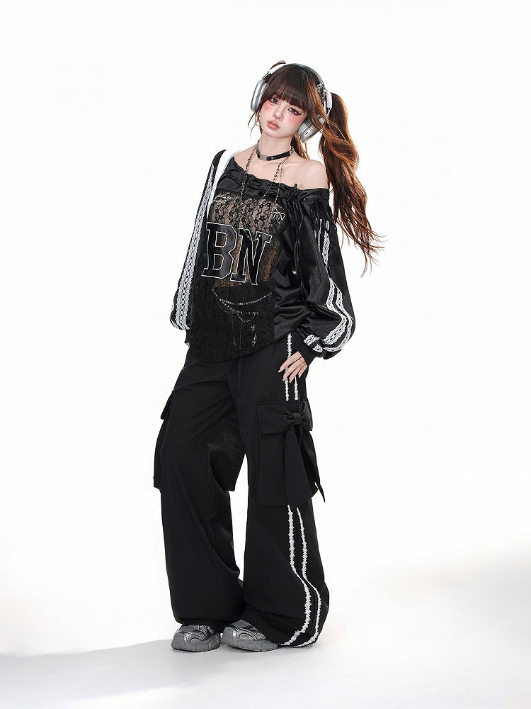 Schwarz/weißes, schulterfreies Oberteil mit kontrastierenden Spitzenpatches