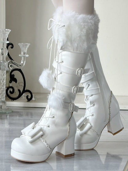 Boots - PU Cuff Charm Plush Closure Mid-heel Lace-up Creamy Pompon Knee-Length in White with