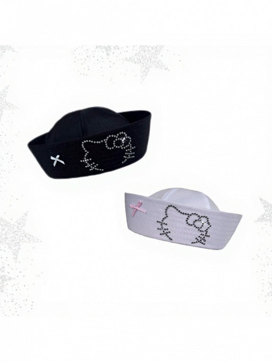 2-Color Sailor Hat with Cat Rhinestone Decoration - IVONA boutique