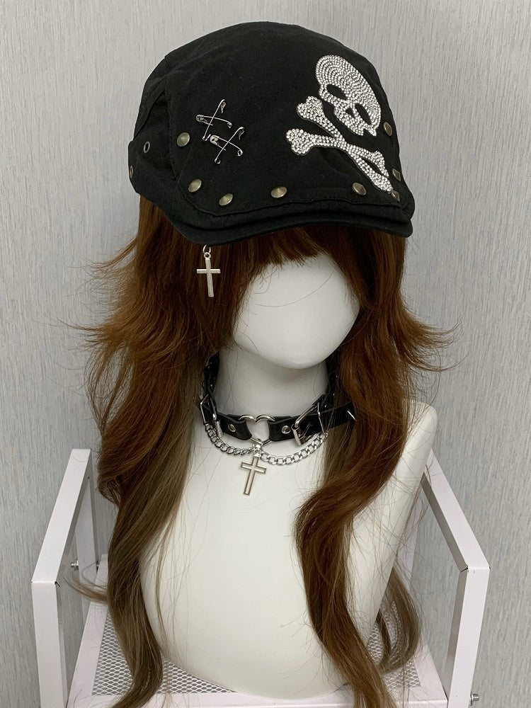 Studs Hat Pin Rhinestone Skeleton Punk Decorated And Black Details Beret