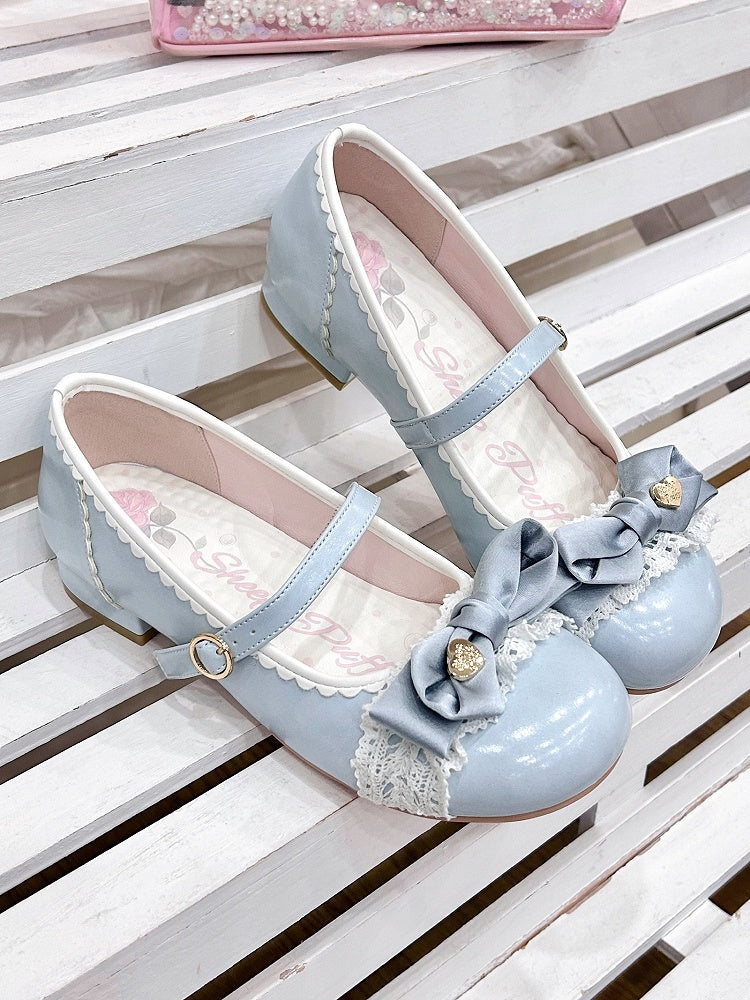 Blue Sweet Berry Low Heels in Lolita Style with Top Bow & Ring Buckle