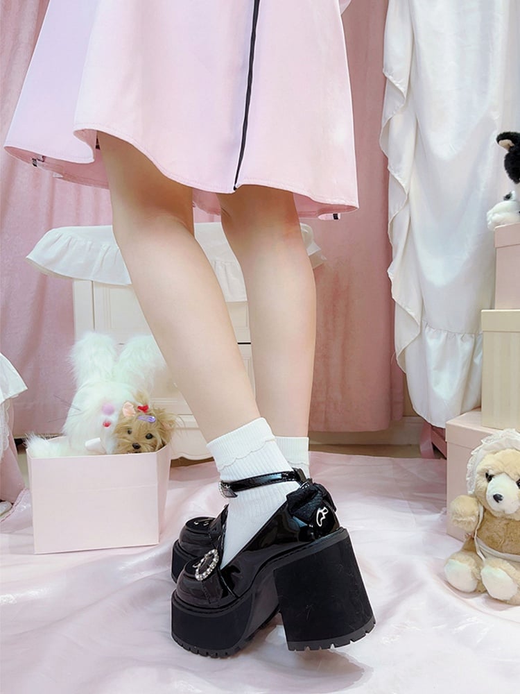 Landmine Style Jirai Polierte Plateauschuhe Heels Schwarz Chunky Kei