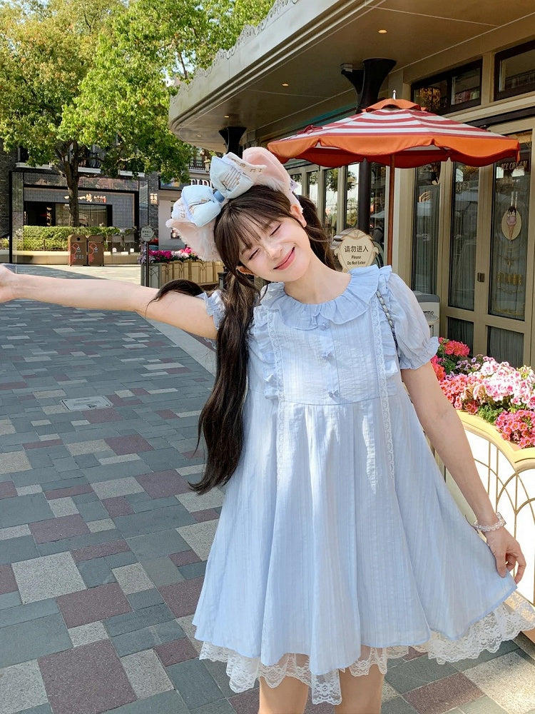 Kleid Hellblau Rüschenkragen Puffärmel Süß