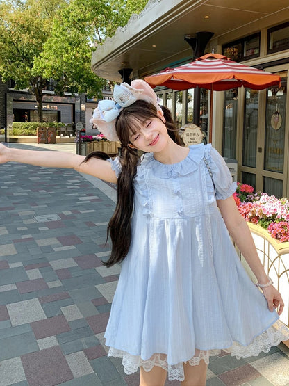 Kleid Hellblau Rüschenkragen Puffärmel Süß