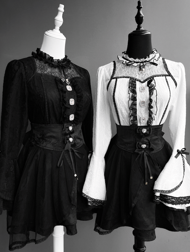 Kei Lace White Contrast Trim Blouse Black Neckline with Illusion Sleeve Jirai Bell